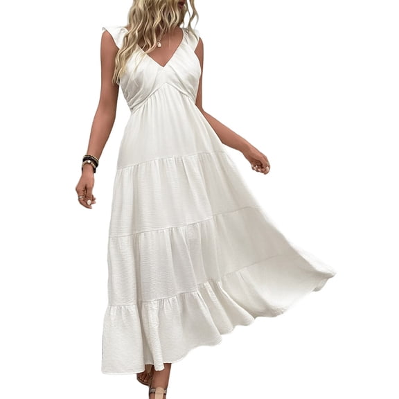 Women'S Summer Dresses Sleeveless V Neck Knit A Line Casual Midi Cocktail Wedding Guest Dress Cream White M