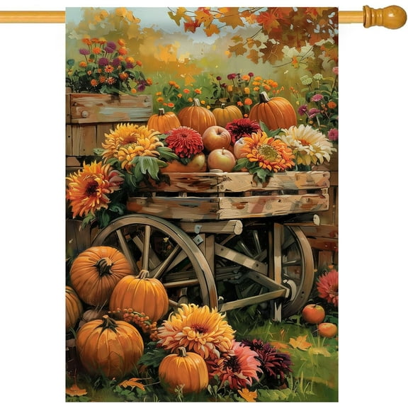 Fall Barn Pumpkin Thanksgiving Garden Flag Autumn Harvest Fruit Sunflower Seasonal Holiday Outdoor Decor House Flag 28×40 inch