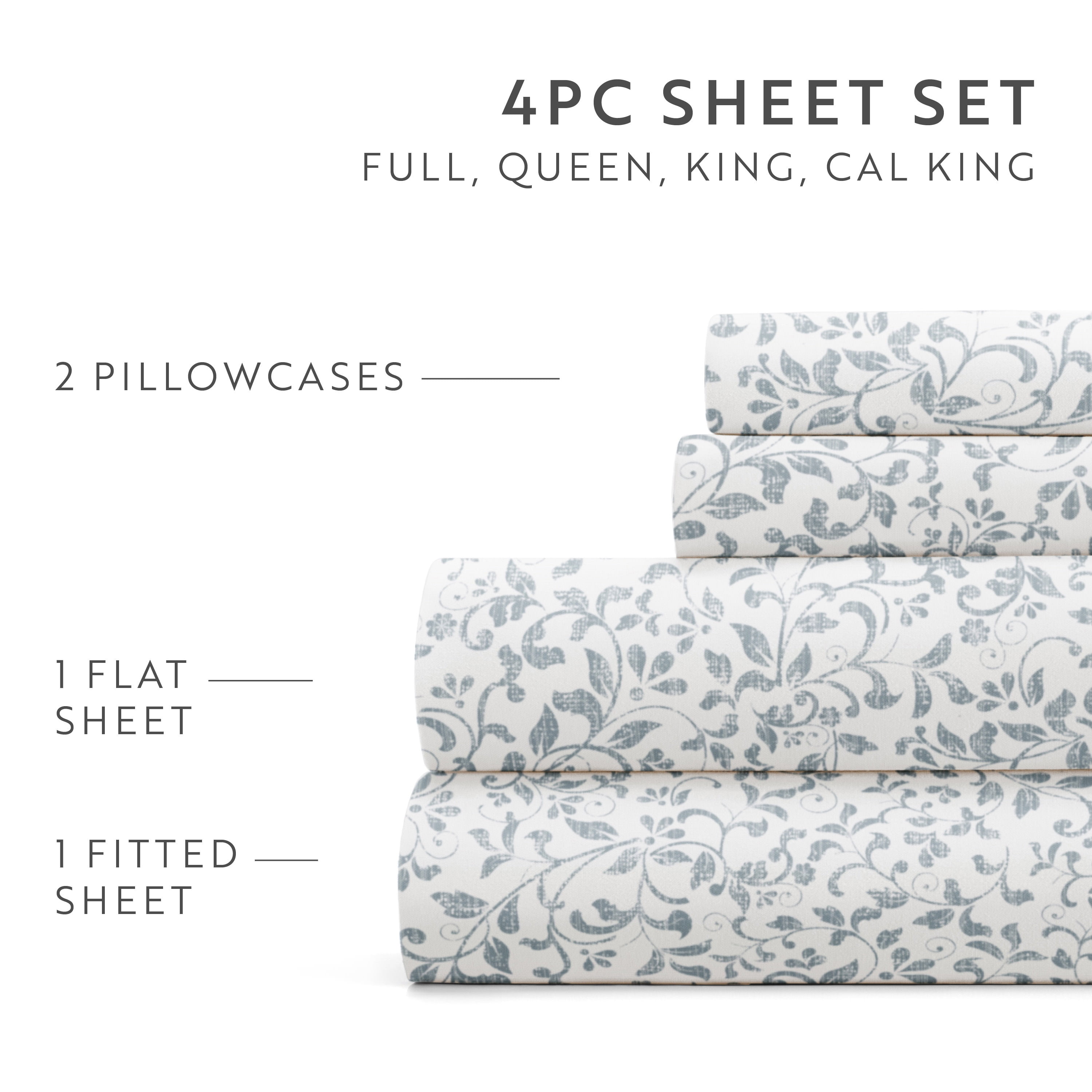 Noble Linens 4 Piece Pattern Microfiber Bed Sheets Set, Distressed Vine Dusty Blue, King