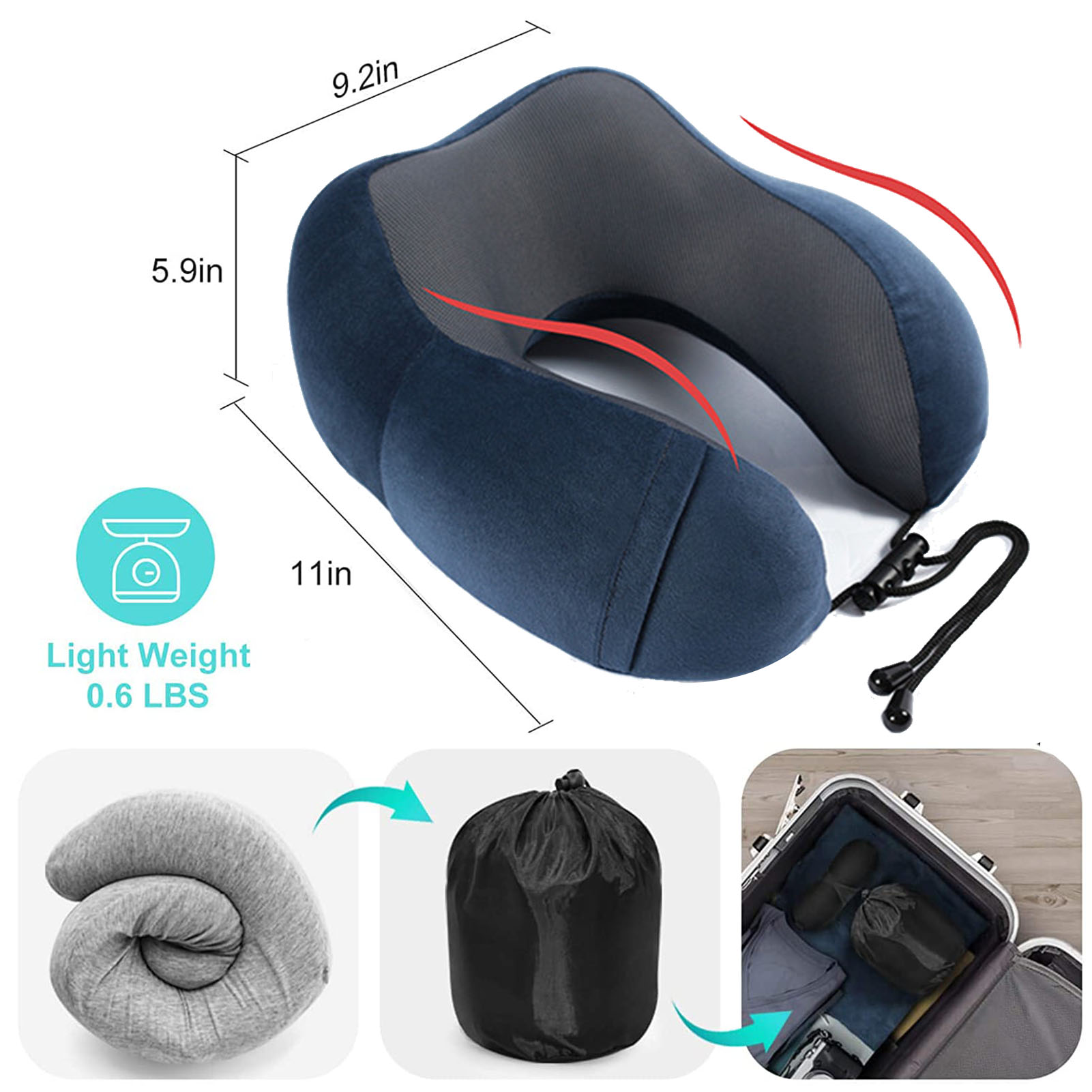 Travel Pillow Luxury Memory Foam Neck & Head Support Pillow Soft Sleeping Rest Cushion for Airplane Car & Home Best Gift (Navy Blue) - image 3 of 7
