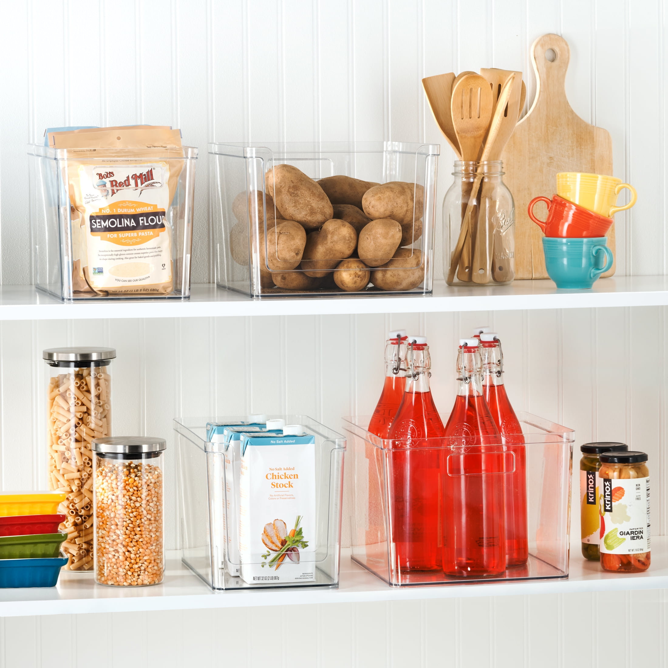 Mainstays Large Deep Clear Plastic Pantry Storage Bin Organizer, Kitchen Cabinet, Fridge, Shelf and Countertop Storage Container for Pantry Organization, 12" x 7.5" x 8"