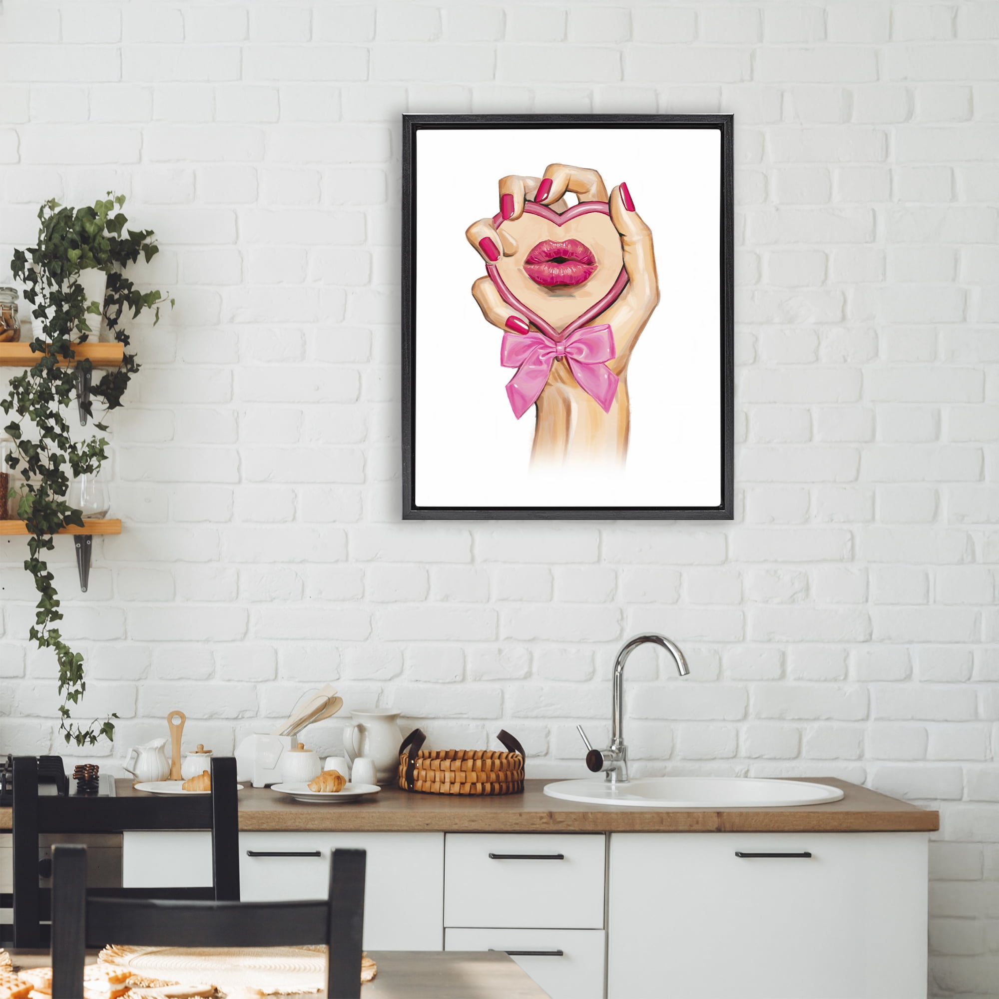 Pink Lips in Mirror Black Framed Floater Canvas Wall Art, design by Ziwei Li
