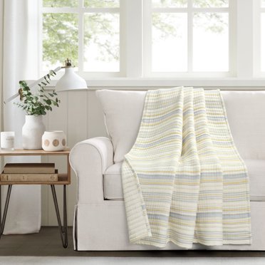 Lush Decor Solange Stripe Kantha Pick Stitch Coperta in cotone tinto in filo, 152,4 x 127 cm, giallo e grigio