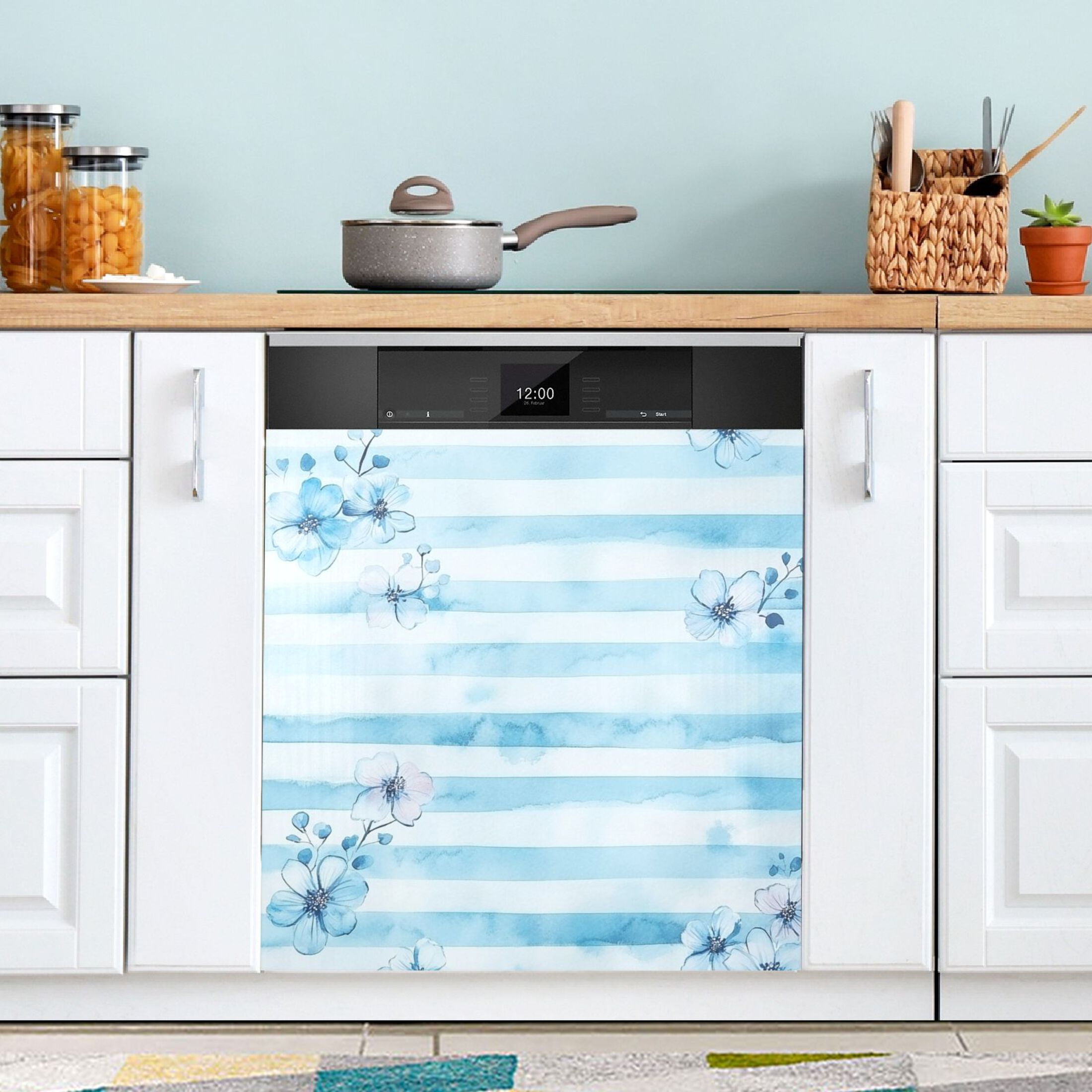 Dishwasher Magnetic Sticker 23x26 Inch Refrigerator Magnetic Sticker Washing Machine Magnetic Sticker Kitchen Panel Magnetic Sticker Home Decor Pretty Blue Cartoon Flowers
