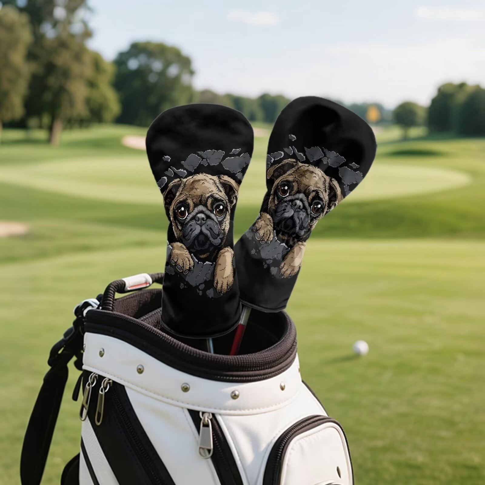 Uorisanigo Cute Pug Golf Club Headcover for Driver, Woods and Hybrid , 3 PCS Set, Premium PU Leather Golf Club Covers for Extra Clubs Protection, Accessories for Men Women