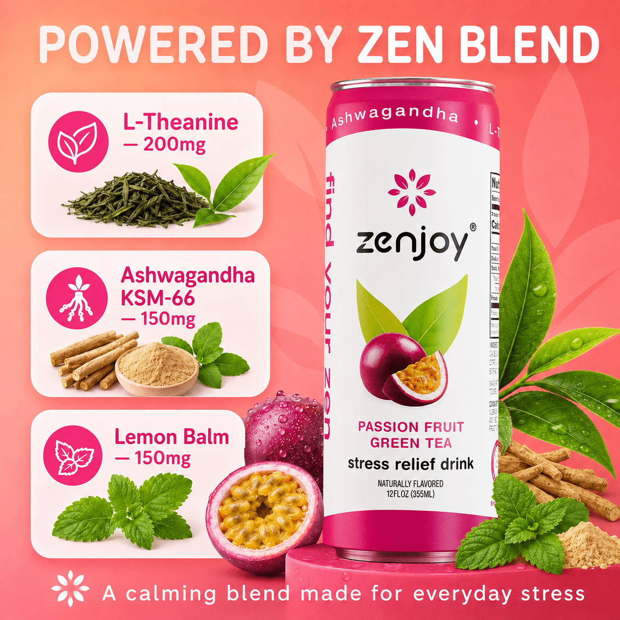 Zenjoy Stress Reief Drink, Calming Green Tea, Non Alcoholic, Ashwagandha & Lemon Balm for Stress Relief, L - Theanine for Focus (12 Pack) (Passion Fruit))
