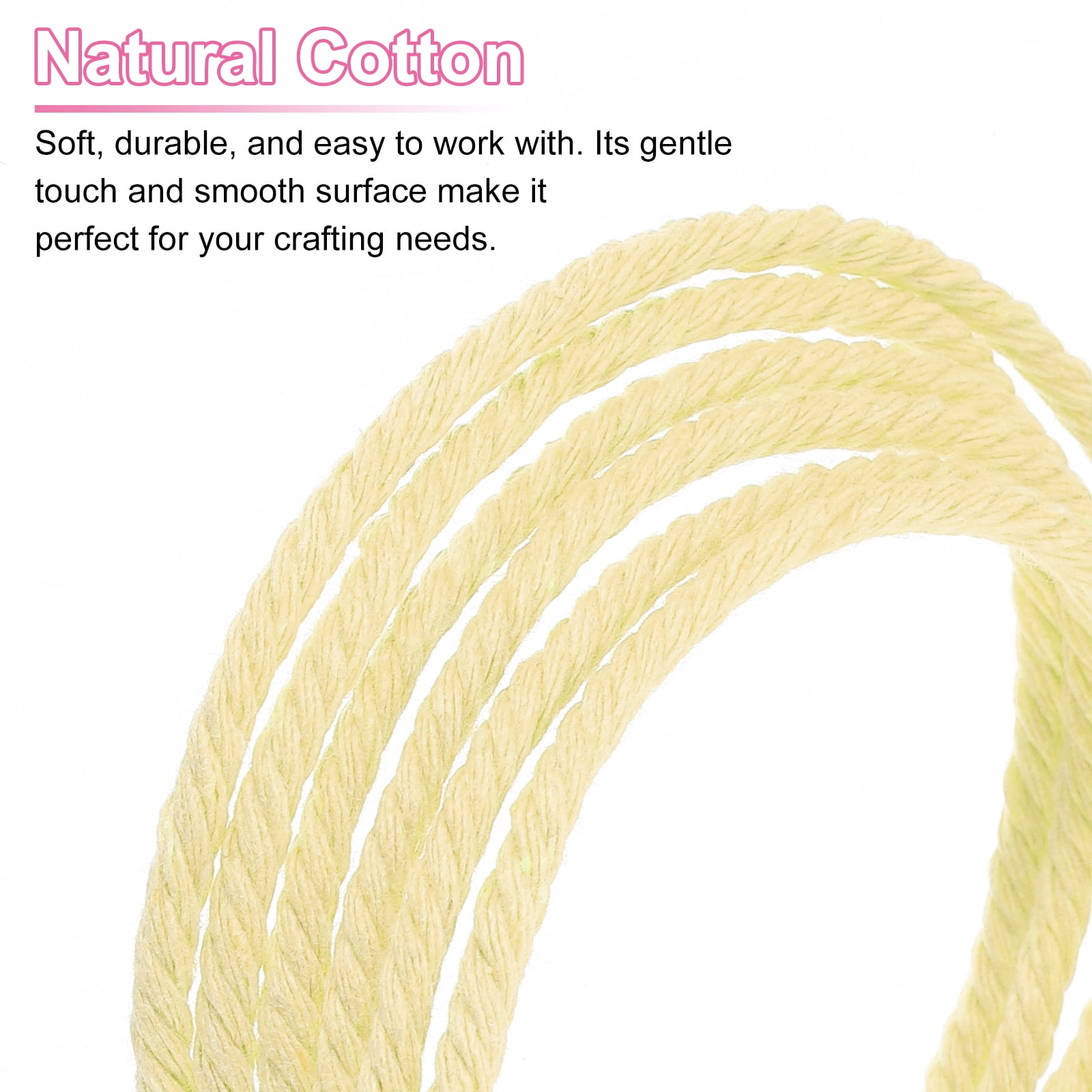 Uxcell Natural Macrame Cord 3mm x 328 Yards 4-Strand Twisted Cotton Macrame Rope for DIY Knitting Plants Wall Dreamcatcher, Light Yellow
