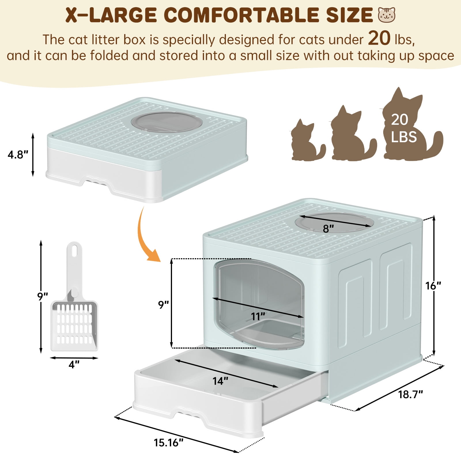 Cshidworld Large Foldable Cat Litter Box with Scoop, Front Entry Top Exit Cat Litter Pan with Lid, Enclosed Anti-Splashing Kitty Litter Box, Drawer Type Cat Litter Easy Cleaning and Scoop, Blue