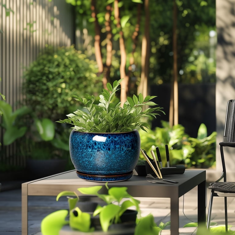 Ordivic 10 Inch Blue Glazed Ceramic Flower Pot photo 2
