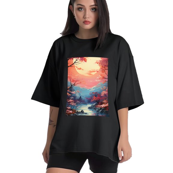 Plus Size Shirt for Women Black Tops for Women Short Sleeves Shirt for Women Sunset3 T Shirt Crewneck Shirt for Women XS