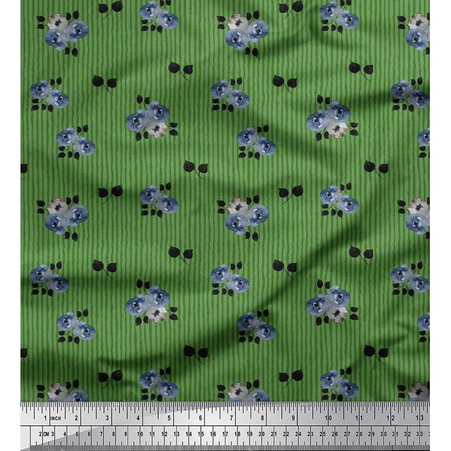 Soimoi Green Poly Georgette Fabric Leaves & Anemone Floral Decor Fabric Printed Yard 42 Inch Wide
