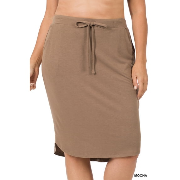 Women & Plus Elastic Waist Self-Tie Knee Length Tulip Hem Midi Skirt with Side Pockets