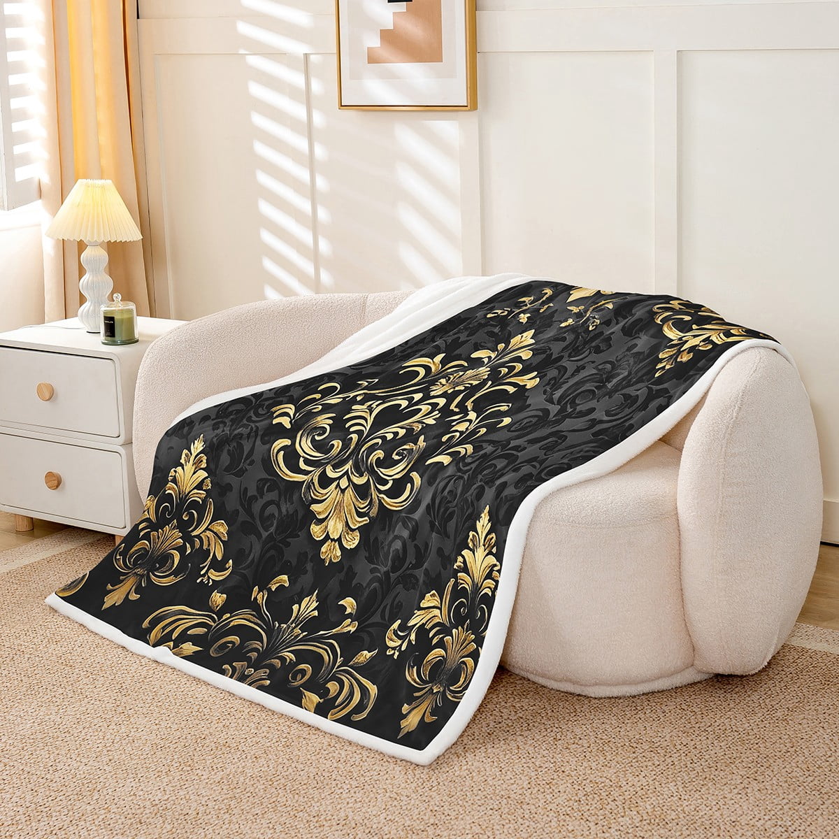 Manfei Gold Baroque Damask Throw Blanket for Couch 90x90, Hippie Flower Floral Plush Blanket, Vintage Victorian Flannel Throw, Breathable Bedroom Decorative