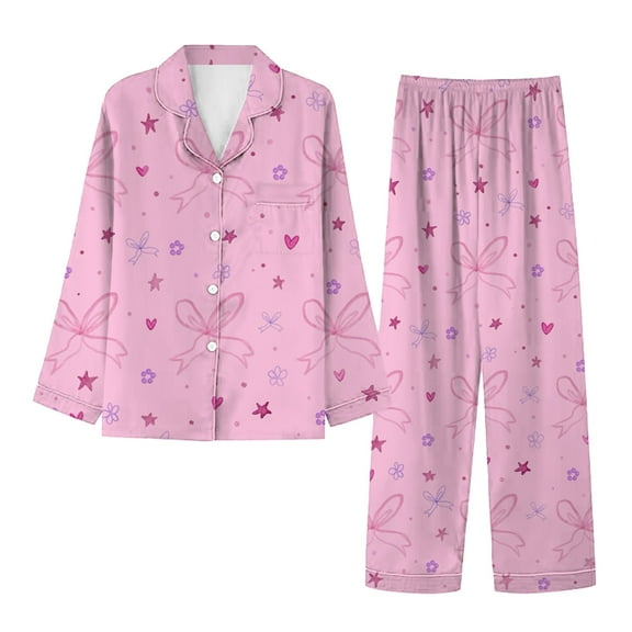 Pink Women Pajama Sets Women's Winter Spring Home Leisure Valentine's Day Bow Love Loose Imitation Color Ding Pajama Sleepy Pants Set