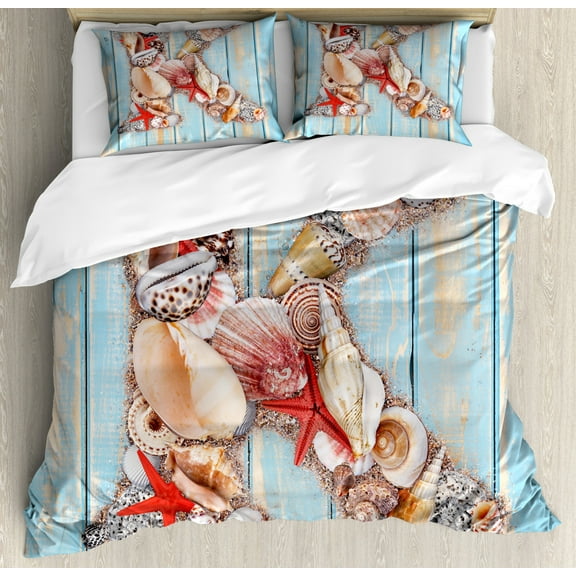 Letter K Queen Size Duvet Cover Set, Letter K Invertebrates Seashells Starfishes Summer Inspired Print, Decorative 3 Piece Bedding Set with 2 Pillow Shams, Pale Blue Ivory Dark Coral, by Ambesonne