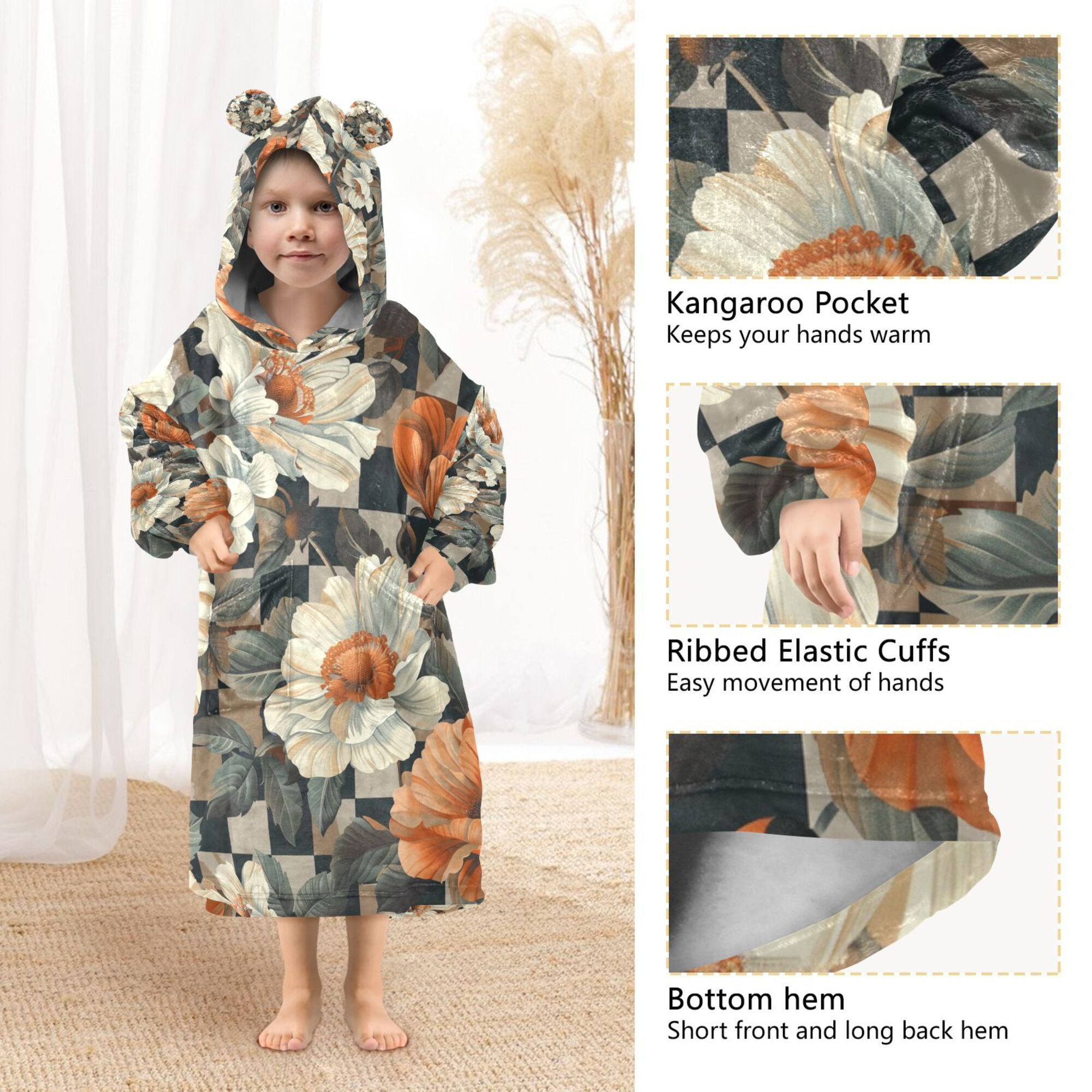 FORMRS Wearable Blanket Hoodie with Sleeves for Kids Cozy Flannel Sweatshirt, Gray Floral Pattern
