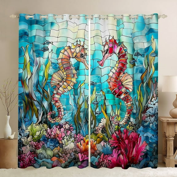 Erosebridal Teenager Seahorse Curtains for Living Room,Marine Animal 30%-50% Blackout Curtains Set of 2 (38x45),Ocean Theme Decor