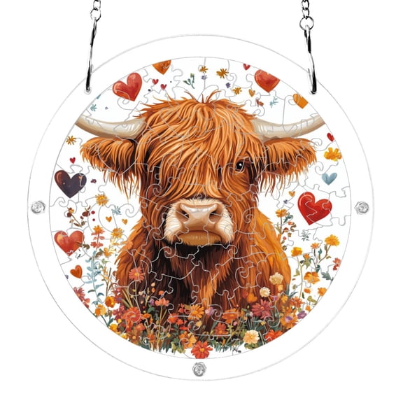 Highland Cow Hearts and Flowers Valentine Acrylic Jigsaw Puzzles 83 Pieces Suncatcher for Window Hanging 7.5 Inch Holiday Home Decor