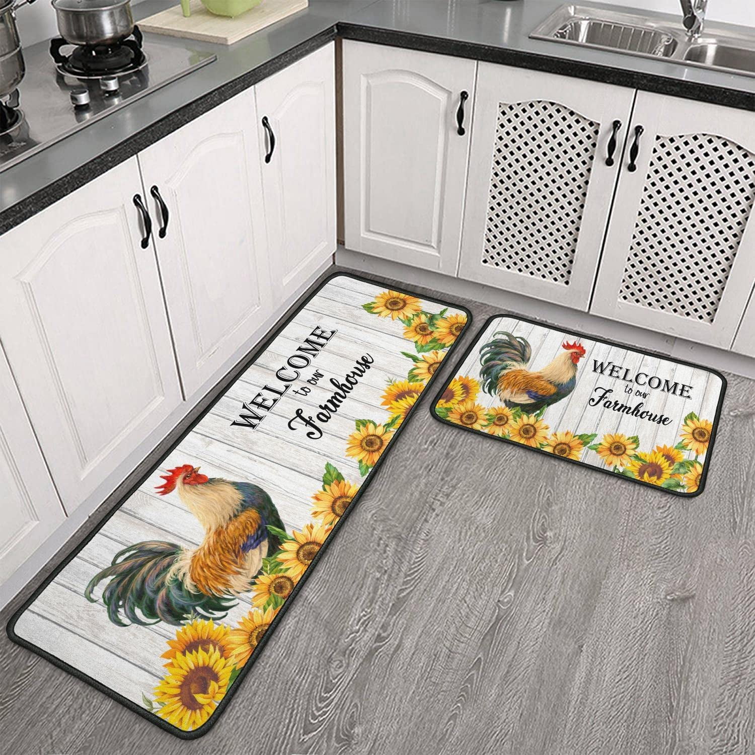 2 Piece Rooster Kitchen Rugs Sunflower Kitchen Decor Non Slip