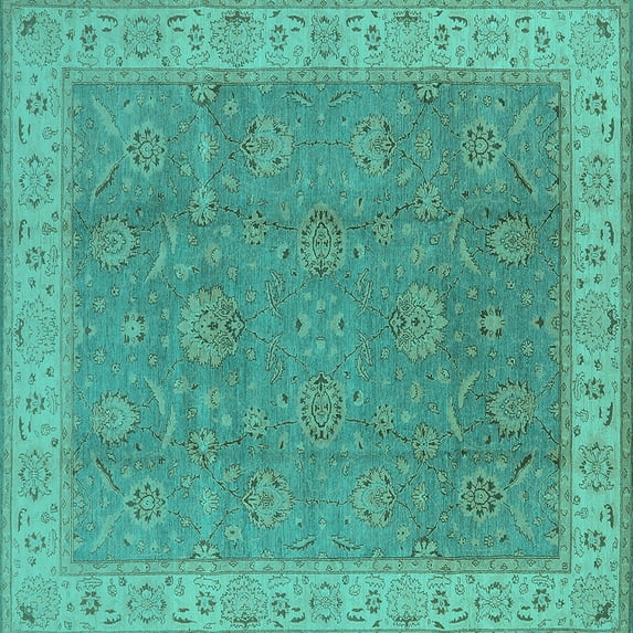 Ahgly Company Machine Washable Indoor Square Oriental Turquoise Blue Traditional Area Rugs, 6' Square