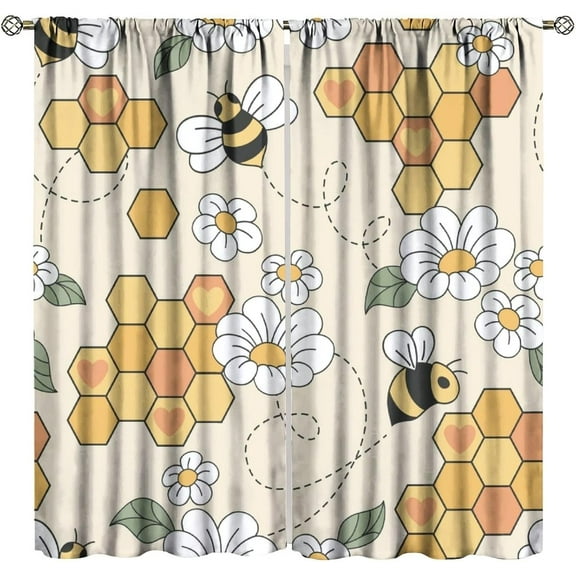 Bee Curtain Cute Bees White Flowers Hive Pattern Blackout Print Rod Pocket Window Drapes for Bedroom Living Room 42x54in