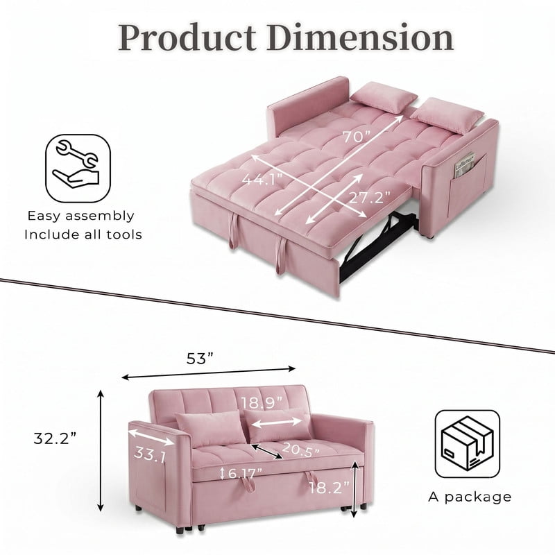 Gewnee 55" Sofa Bed, Convertible Sleeper Sofa & Pull Out Couch, 3-in-1 Velvet Loveseat with Adjustable Backrest and Storage Pocket, Pink