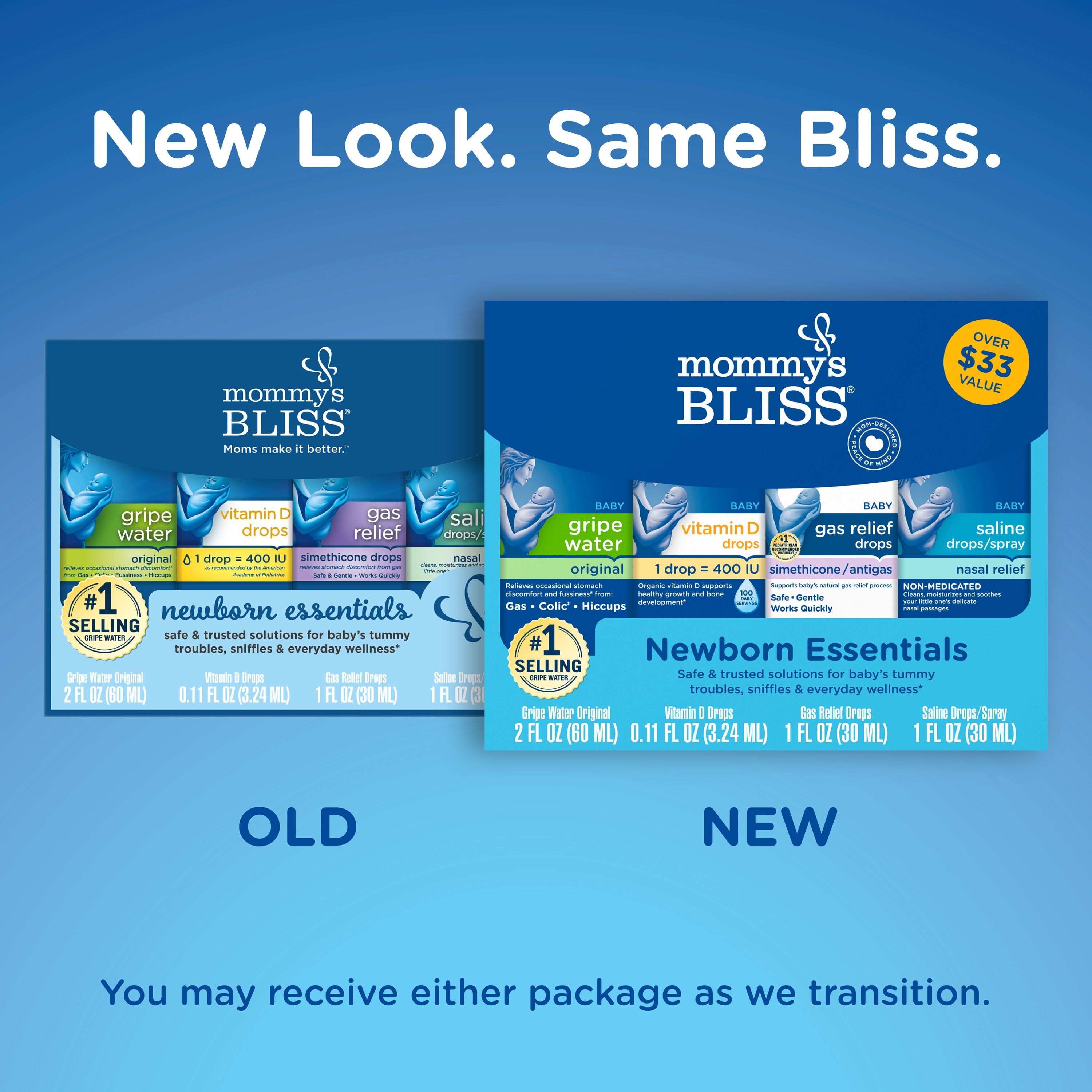 Mommy's Bliss Newborn Set, Included Gripe Water, Vitamin D, Gas Relief, Saline Drops, 4 Count