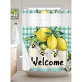 thumbnail image 3 of No Hook Shower Curtain Set with Snap in Liner, Summer Lemon Farm Bee Waterproof Bathroom Curtain with See Through Top Window, Welcome Quote on Teal Plaid Double Shower Curtains for Bathtub, 3 of 9