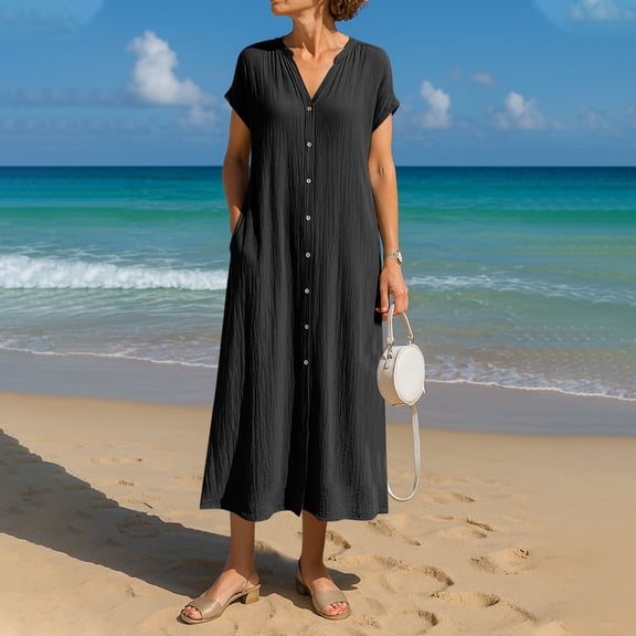 Taylonsss Women's Summer Casual Loose Fit Short Sleeve Button Shirt Dress in Soft Cotton Linen Blend for Party Office and Daily Wear