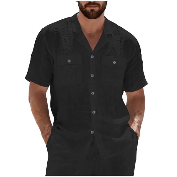 BangWanChi Mens Loose Fit Beach Button Up Shirts Men's Solid Color Short Sleeve Lapel Classic Button Placket Cardigan with Multiple Pockets Shirt Top