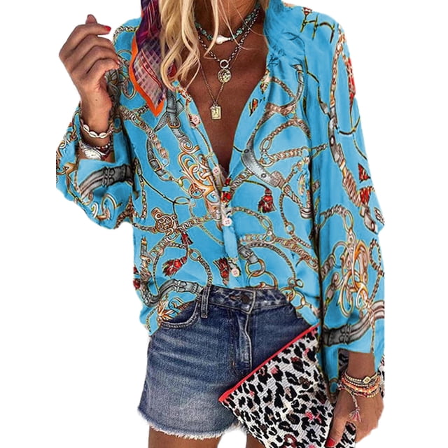 Sonducket Top de manga larga para mujer, camisa estampada con botones de otoño, blusa holgada informal, ropa de otoño Prendas para la parte del cuerpo Azul METRO Sonducket AP003717-17
