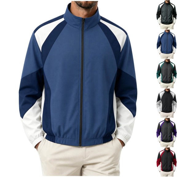 Men's Color Block Zip Up Windbreaker Jacket Stand Collar Active Sport Coat Oxford Cloth with Pockets for Casual Daily Wear Travel Fall Winter, Blue, S