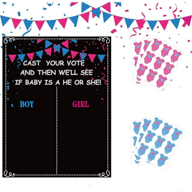 Un conjunto de carteles del juego de revelación de género. Los niños votan pegatinas del juego de género del bebé.