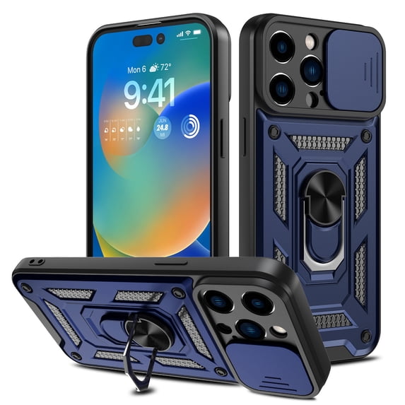 Liwarace for iPhone 14 Pro Max/14 Pro/14 Plus/14 Sliding Lens Cover Protective Case with Ring Stand