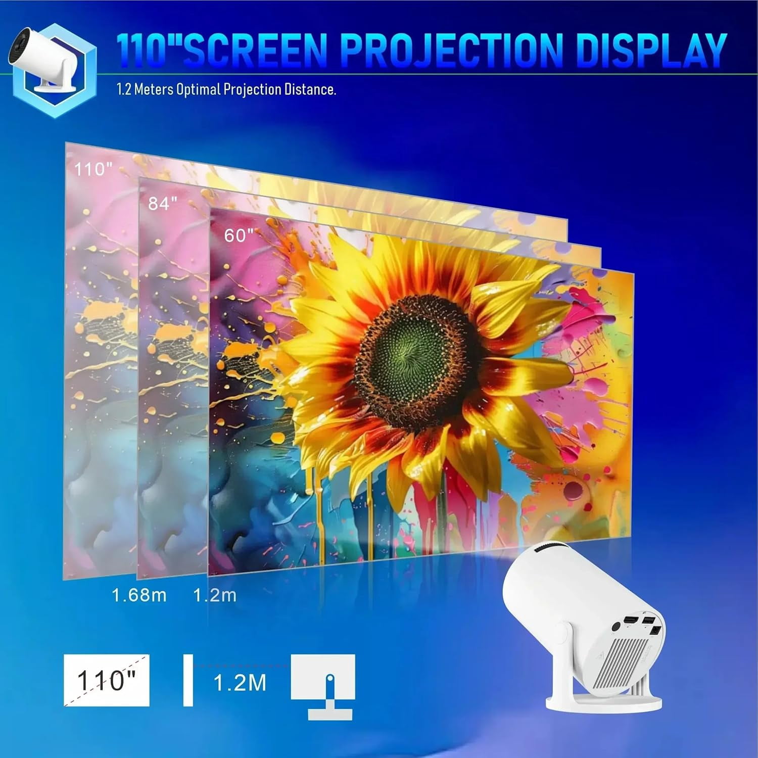 Projector, Upgraded  4K Projector with Wifi 6 and  5.4, Portable Projector with Android 14, Automatic  Correction, 180 Degree, 130 Inch Display (White)