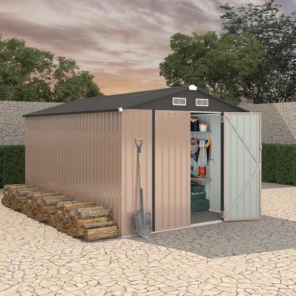 8x12FT Lean-to Metal Storage Shed – Heavy-Duty Outdoor Tool Shed with Lockable Door