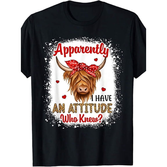【New Arrival】Apparently I Have An Attitude Highland Cow Leopard Print Graphic T-Shirt, Unisex Crew Neck Western Farm Cow Lover Casual Tee, Sassy Country Girl Novelty Gift