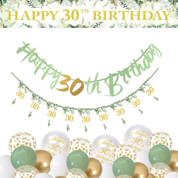 Decoraciones para el 30.° cumpleaños, decoraciones para cumpleaños con globos verdes, decoraciones para fiestas de cumpleaños que incluyen pancartas de feliz 30.° cumpleaños, banderas triangulares y
