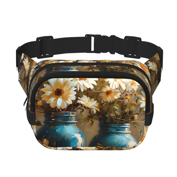Fotbe Rustic Daisy Mason Jars Cangurera Cuadrada con Estampado de Doble Capa, Bolsa de Cintura Ajustable Mini para Hombres y Mujeres