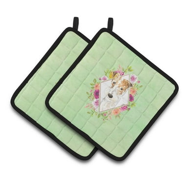 Carolines Treasures CK4359PTHD Fox Terrier Green Flowers Pair of Pot Holders 7.5HX7.5W multicolor