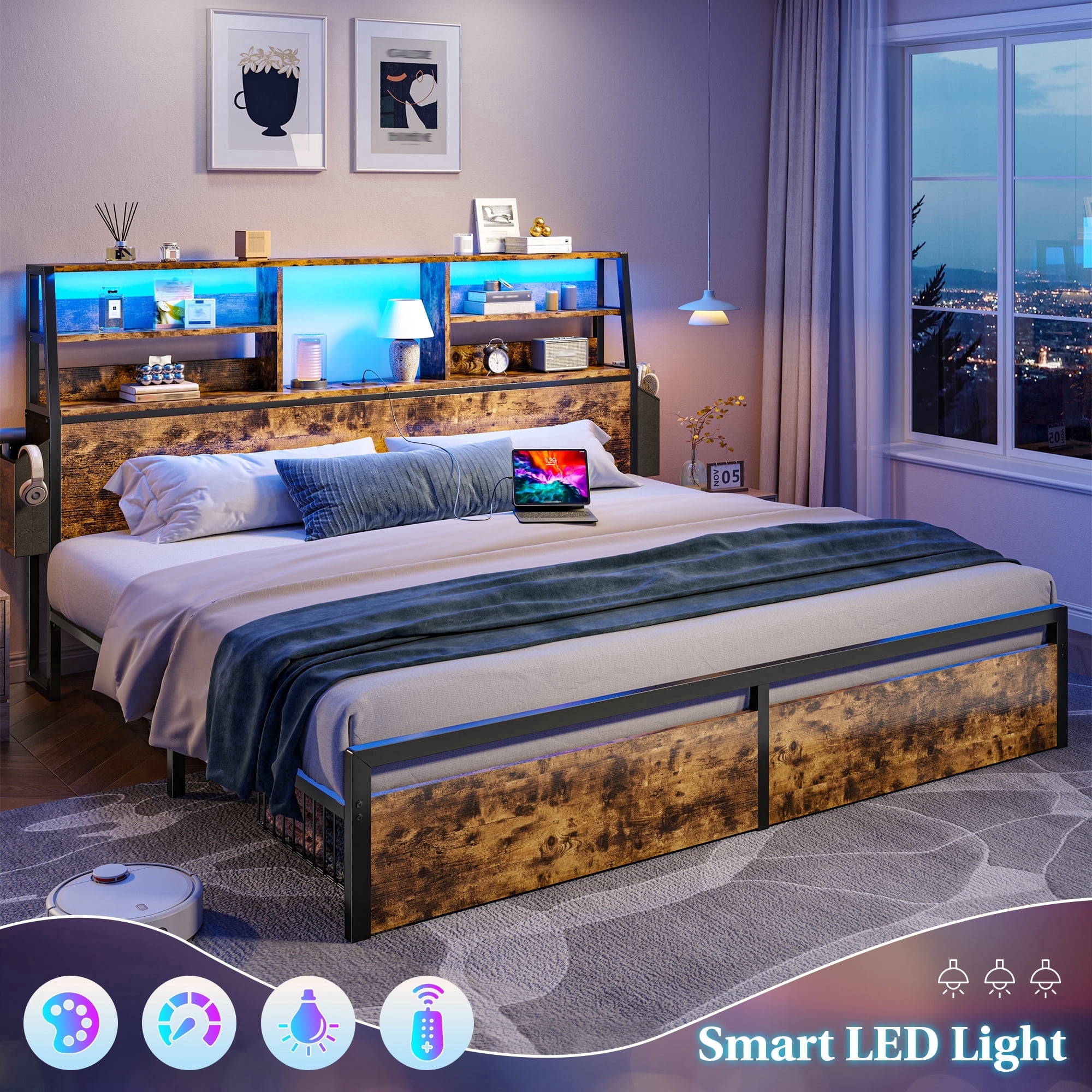 EnHomee Metal Bed Frame with 3-Tier Storage Headboard King Size Metal Bed Frame with 2 Underbed Drawers & 2 Bedside Fabric Drawers & LED Lights & Charge Station,Rustic Brown