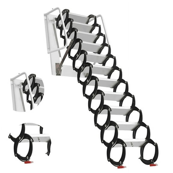 Grade 12 Titanium Magnesium Alloy 12-Step Foldable Anti-Slip 10FT Wall Mounted Ladder for Attic Warehouse Garage