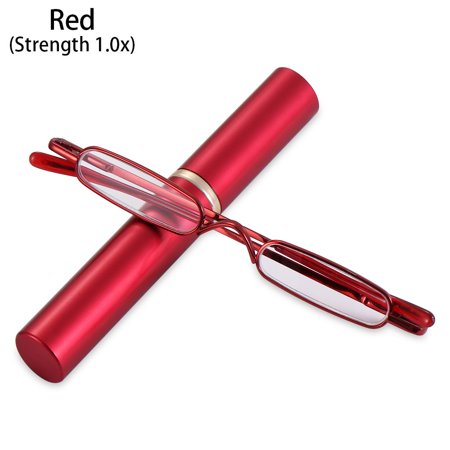 Compact with Portable Clip Case Eyeglasses Men Women Slim Reading Glasses Readers Slim Pen Reading Glasses with Pen Clip Tube Case RED STRENGTH 1.0X