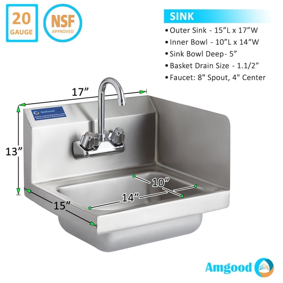 17" x 15" x 5" Commercial Kitchen Stainless Steel Wall-Mount Hand Sink with Right Side Splash and Faucet