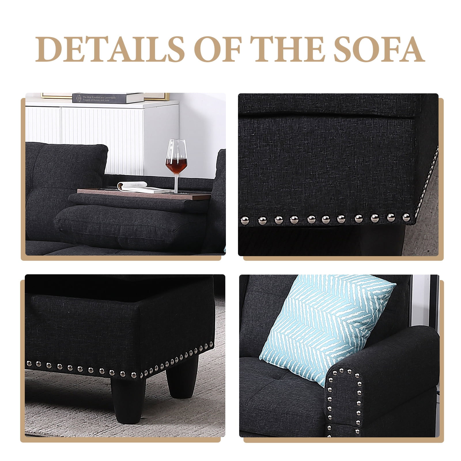 Dreamzie Flippable Backrest Sectional Sofa Set, L-Shaped Linen Modular Sectional Couches for Living Room, Apartment, Storage Ottoman,Charcoal Grey