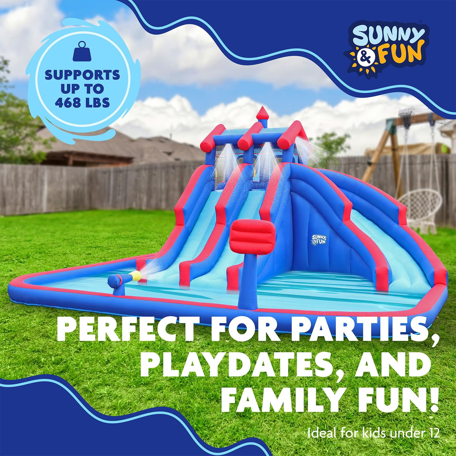 Sunny & Fun Fun Soft Bounce Water Slide with Pool for Kids, Blue
