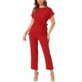 thumbnail image 2 of INSPIRE CHIC Women's 2 Piece Sets Round Neck Short Sleeve Belted Asymmetry Tops Elastic Waist Trousers Set, 2 of 6