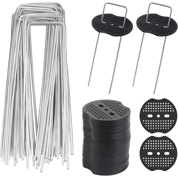 Estacas De Jardín En Forma De U con 40 Arandelas De Sardinas Que Fijan Lona Para Acolchado Estacas De Metal Para Jardinería Fijación De Lona Para El Control De Malezas 15X4/Φ2.1Mm -40 Piezas