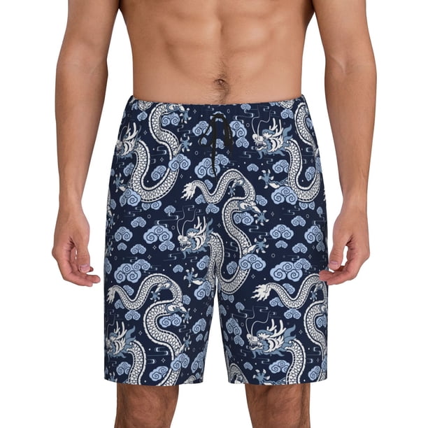Balery Dragon Pantalones cortos de pijama de punto de algodón para hombre con cinturilla y bolsillos-Small
