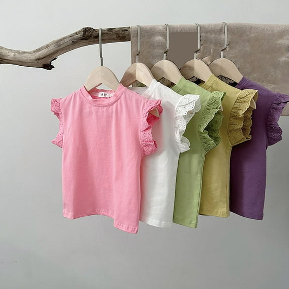 THDHVS Girls Shirts,Girls Short Sleeve Tops,Girl Solid Color Loose Ruffle Sleeve Round-Neck Blouses Green 6-7 Years